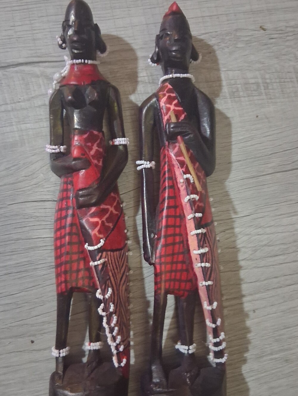 Hand-Carved Red Tribal Wooden Figurine Pair - Unbranded